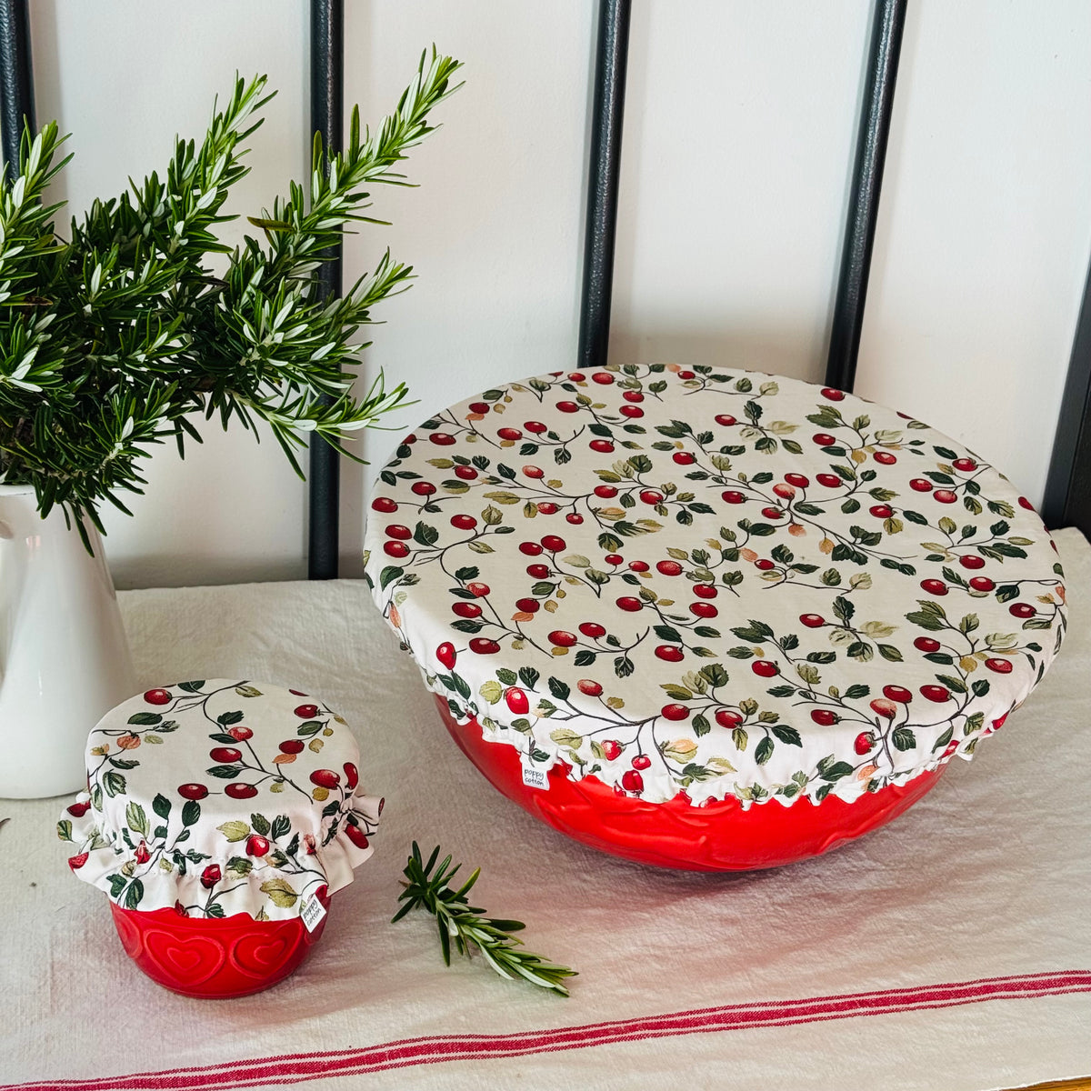Cherry Print Reversible Cotton Bowl & Jar Covers