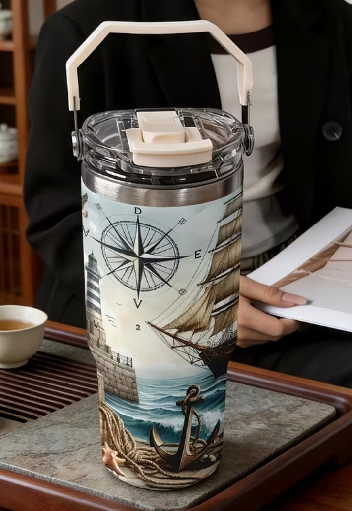 **⚓ Nautical 30oz Stainless Steel Tumbler – Hot & Cold Drink Cup with Carry Handle⚓**