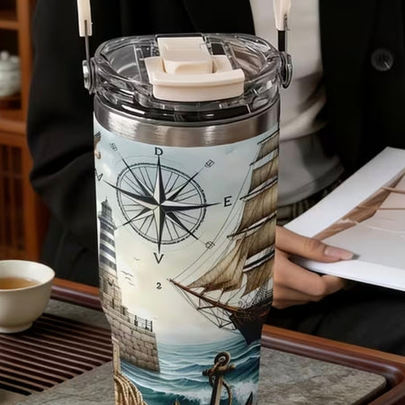 **⚓ Nautical 30oz Stainless Steel Tumbler – Hot & Cold Drink Cup with Carry Handle⚓**