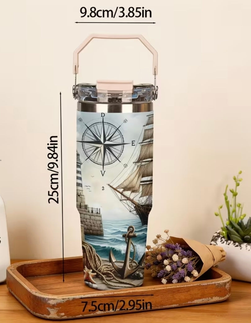 **⚓ Nautical 30oz Stainless Steel Tumbler – Hot & Cold Drink Cup with Carry Handle⚓**
