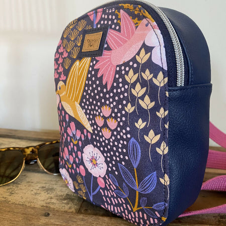 Convertible Backpack/Crossbody Bag - Birds in the Garden/Navy Faux Leather