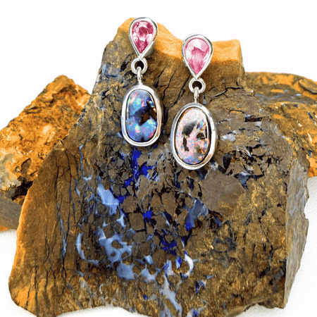 Australian Boulder Opal and Pink Sapphire Drop Earrings in 925 Sterling Silver