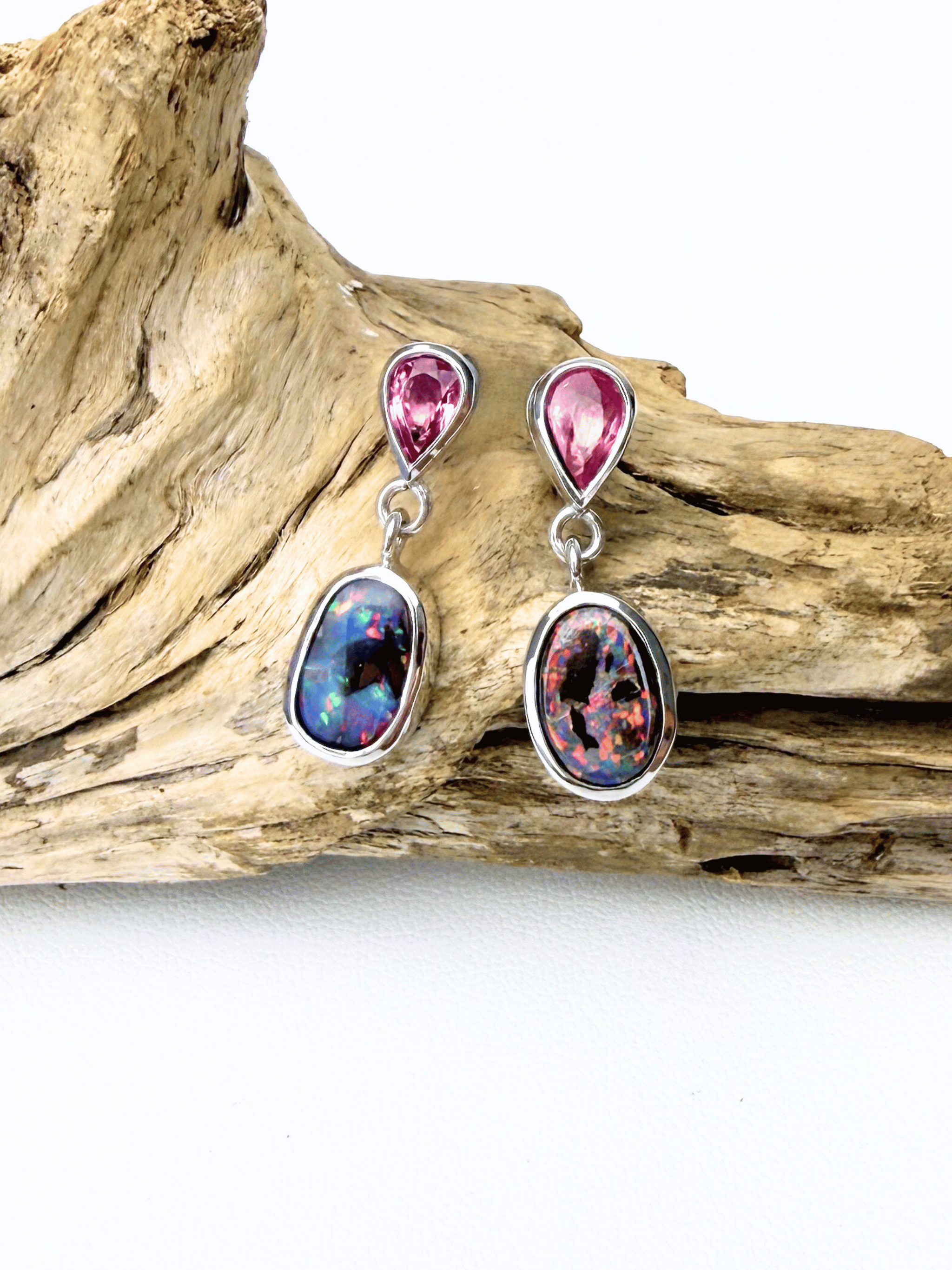 Australian Boulder Opal and Pink Sapphire Drop Earrings in 925 Sterling Silver
