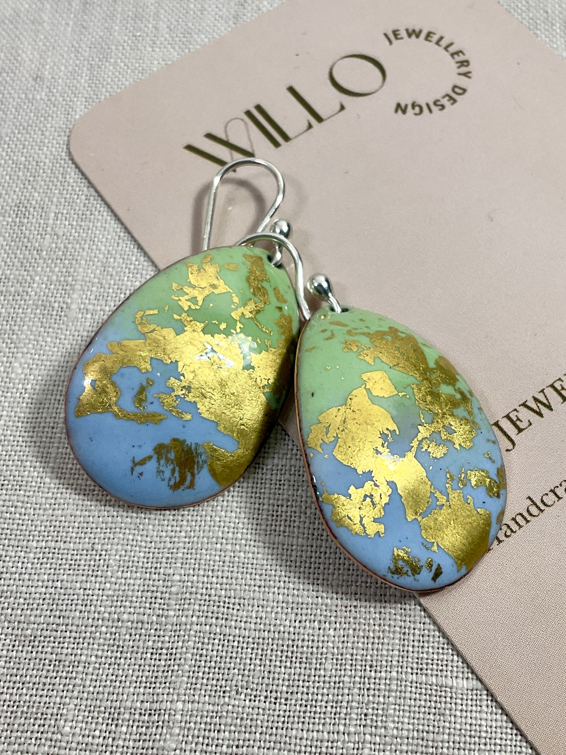 Blue Green and gold enamel earrings. Handmade