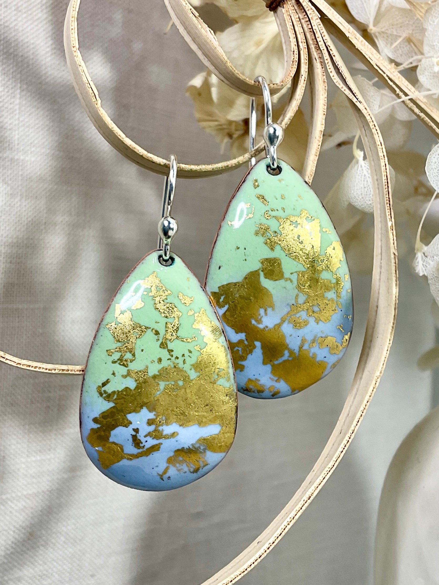Blue Green and gold enamel earrings. Handmade