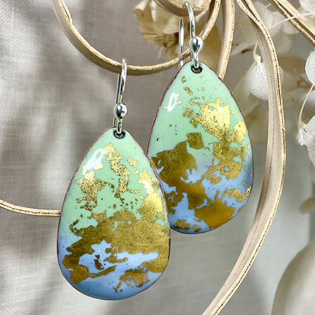 Blue Green and gold enamel earrings. Handmade