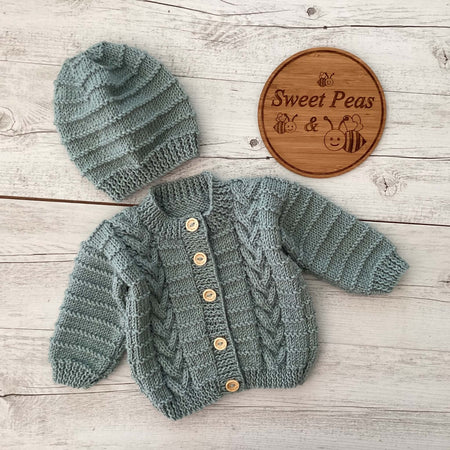 Baby Cardigan & Hat Size 3 to 6 months Sage Green