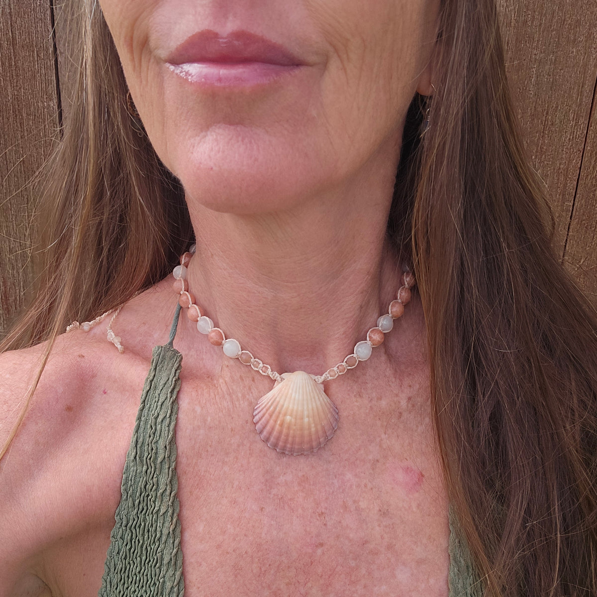 Scallop Shell Necklace with Peach Calcite, Rose Quartz, Sunstone