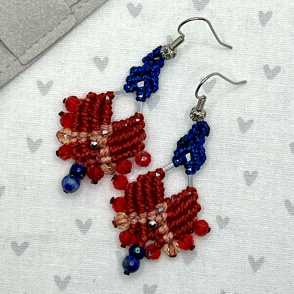 Red & Blue micro macrame earrings +Free microfibre pouch
