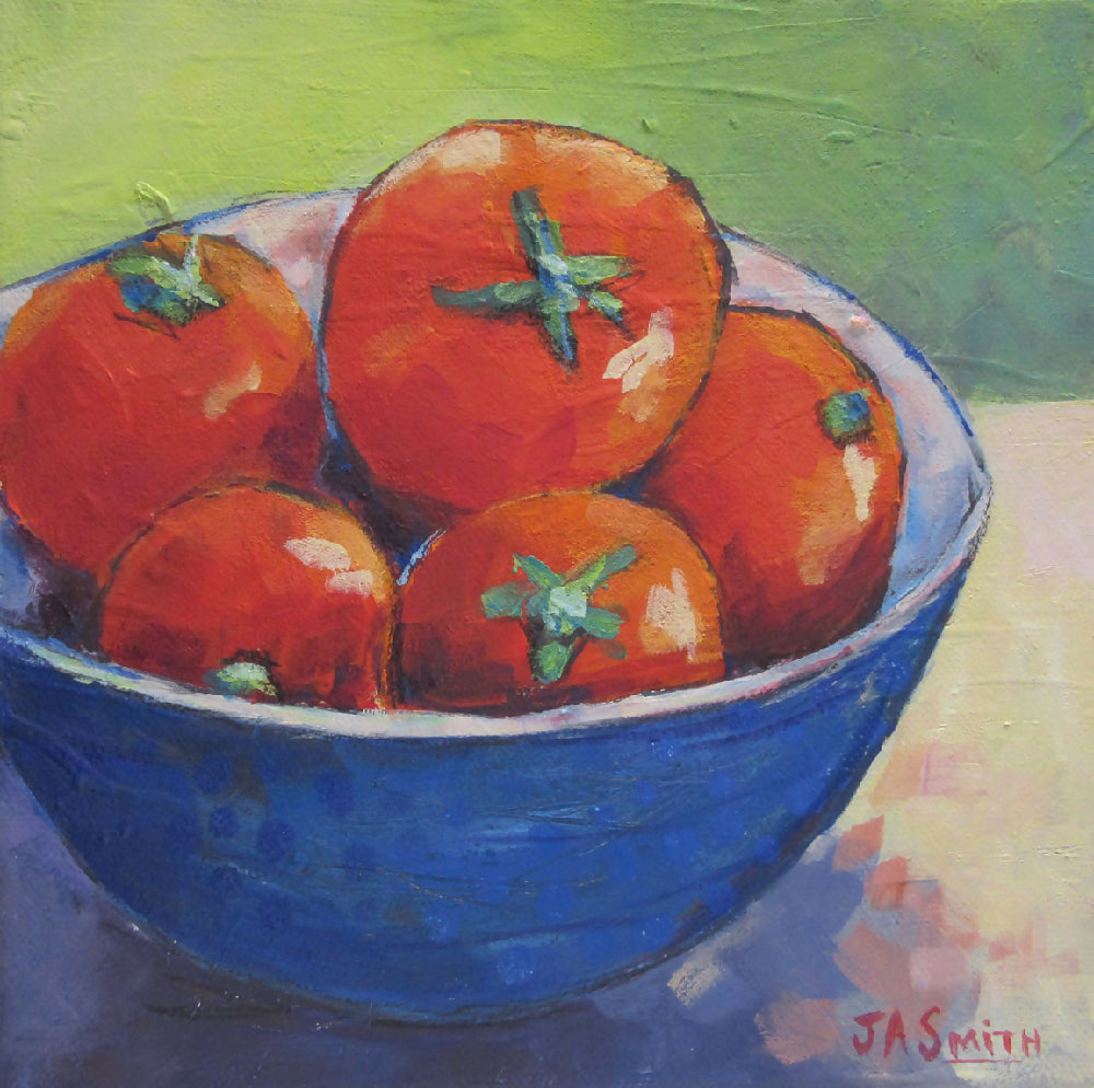 Contemporary Kitchen Art - Tomatoes in Blue Bowl - Vegetable Painting - Julie Ann Smith - australia WEB