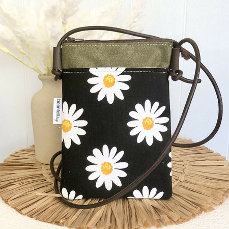 Cross Body Phone Sling Bag in Green Canvas with Daisy Fabric