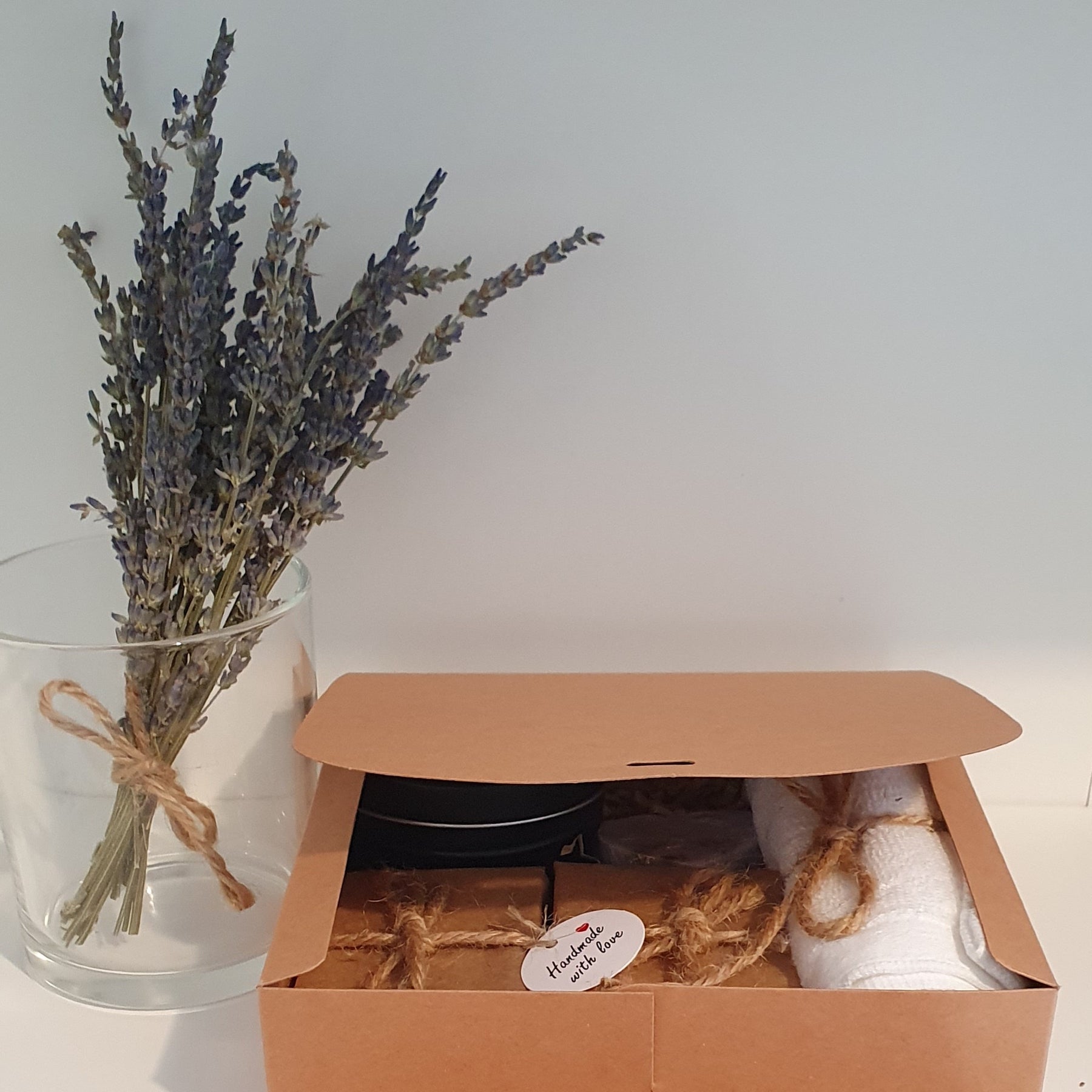 Goat Milk Soap Soy Candle Gift Set: Custom Scents, Face Towel or Dried Lavender Bundle.