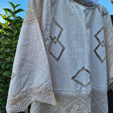 Upcycled Vintage Tablecloth long line top or dress. Crochet and embroidery