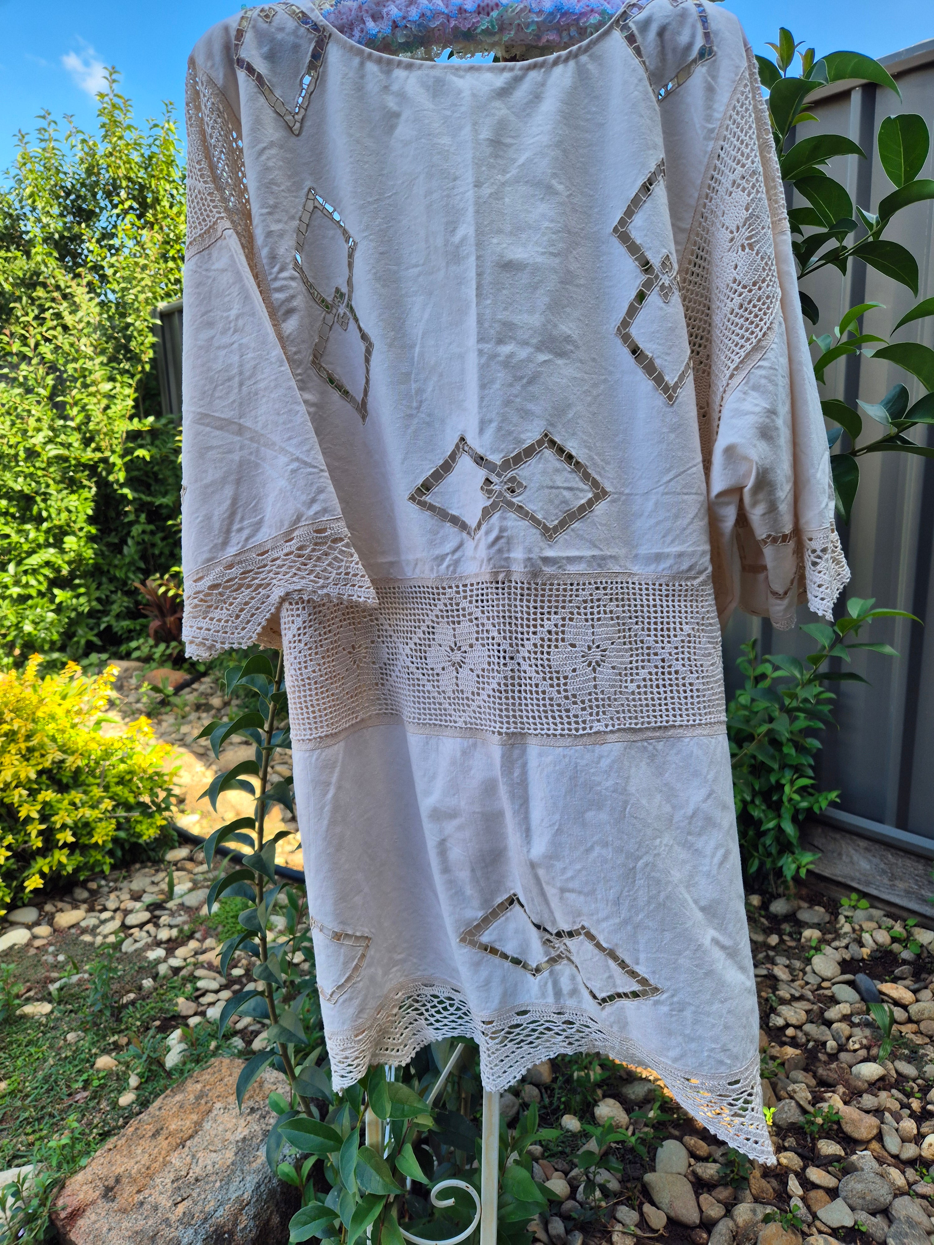 Upcycled Vintage Tablecloth long line top or dress. Crochet and embroidery