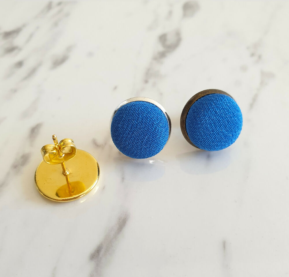 1.4cm Round Blue Kimono Fabric Cabochon stud earrings