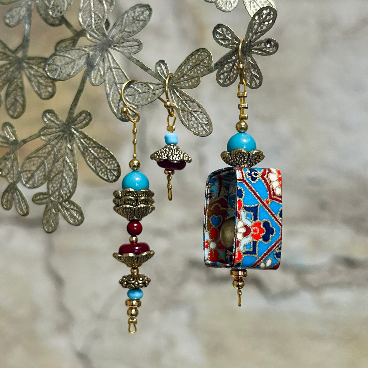 Earrings Long Red Aqua & Gold Asymmetrical - EB-121