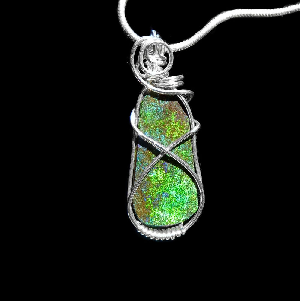 Andamooka Matrix Opal pendant gem green sterling silver wire wrapped