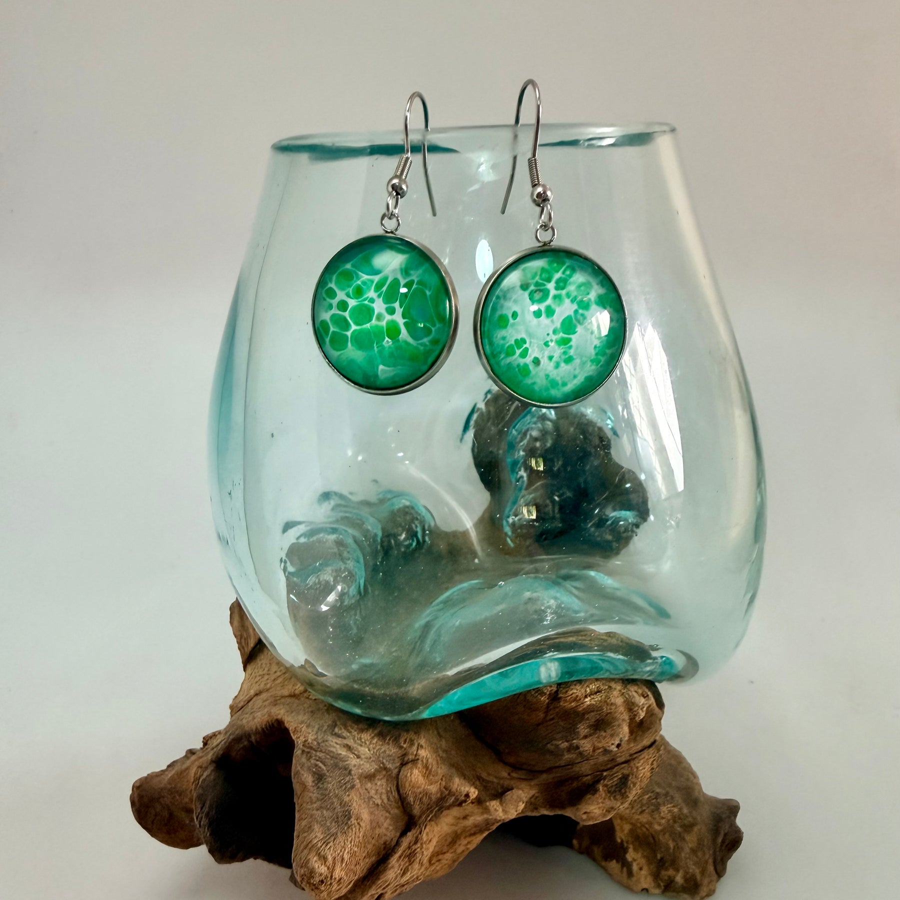 Hand-Painted Green Acrylic Cell Art Drop Earrings