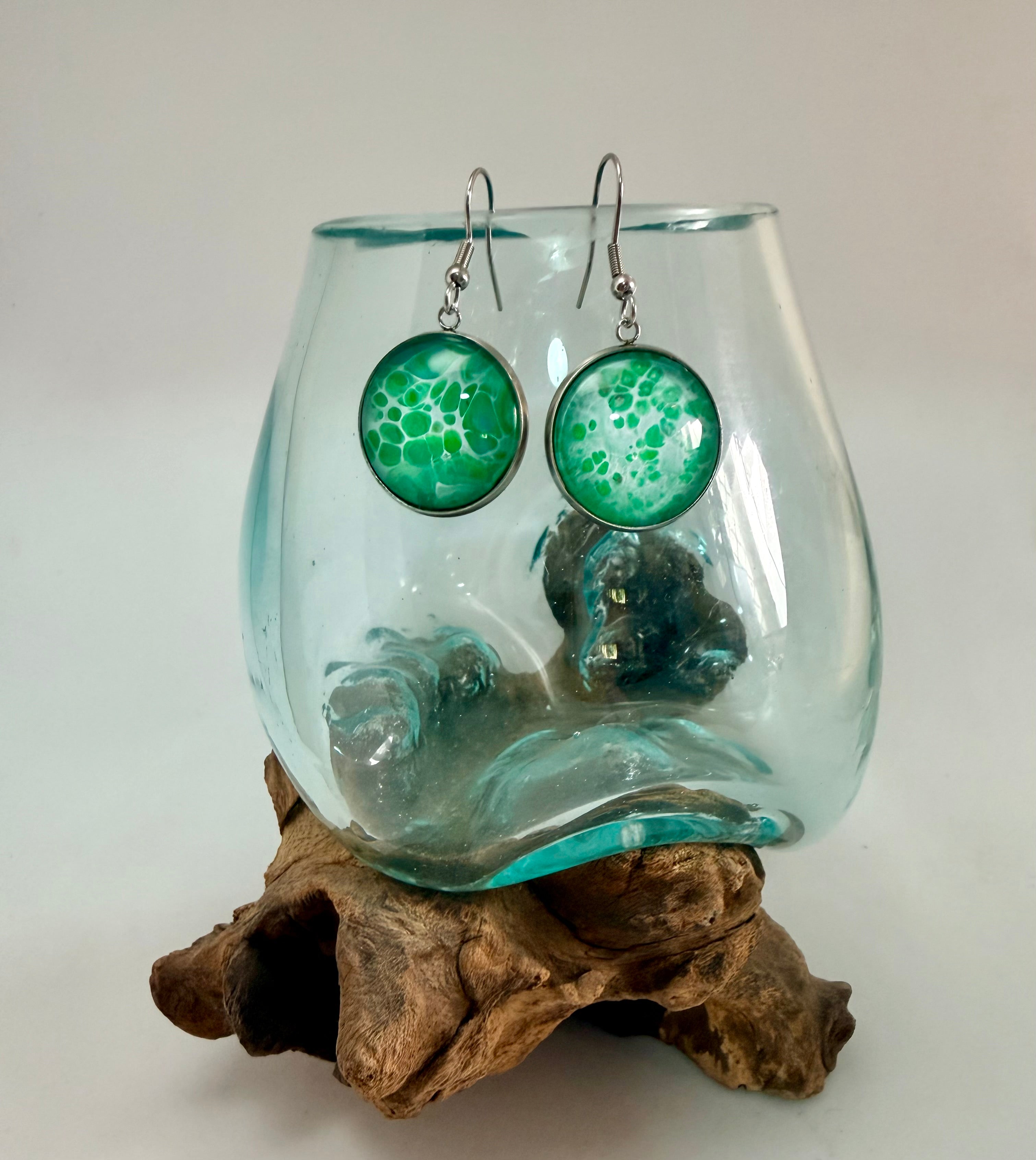 Hand-Painted Green Acrylic Cell Art Drop Earrings