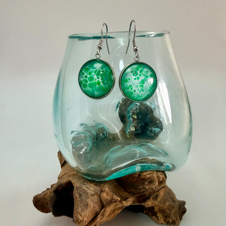 Hand-Painted Green Acrylic Cell Art Drop Earrings