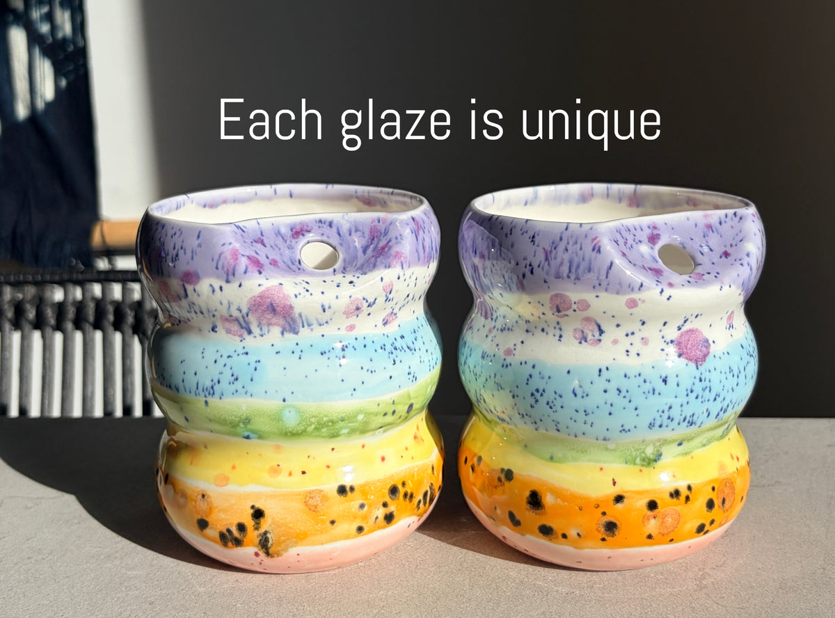 Handcrafted Porcelain Tumbler with Silicon Straw, 600mL Bubble Cup in Rainbow Glaze