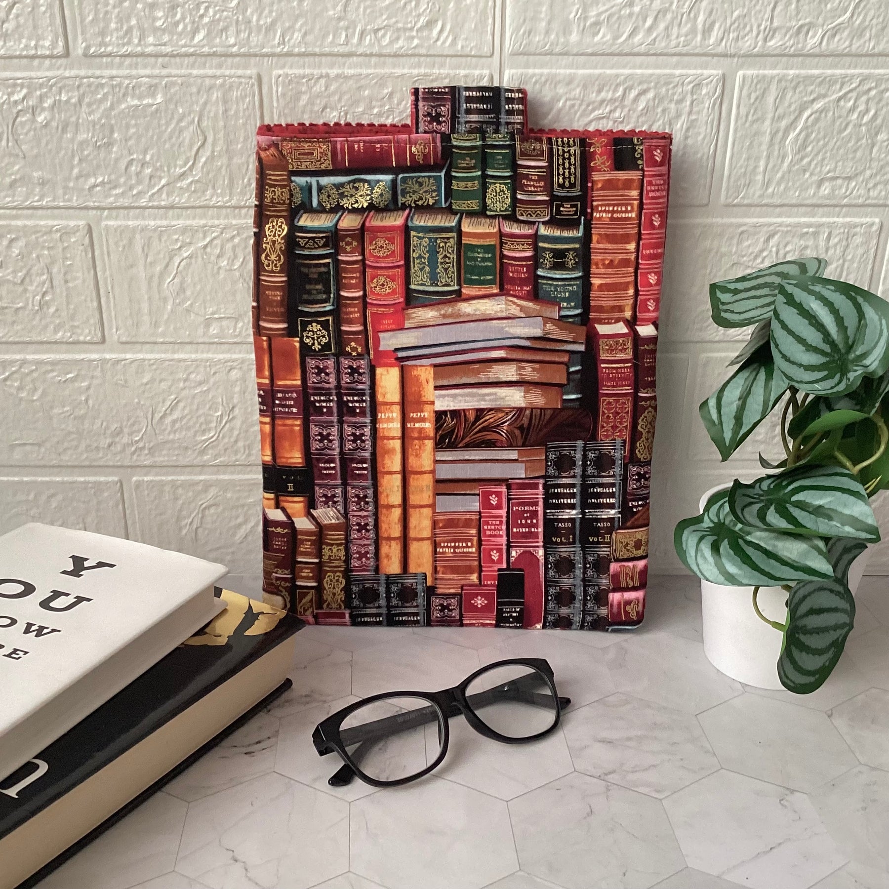 Library books fabric book sleeve with 2 pockets. iPad, tablet pouch