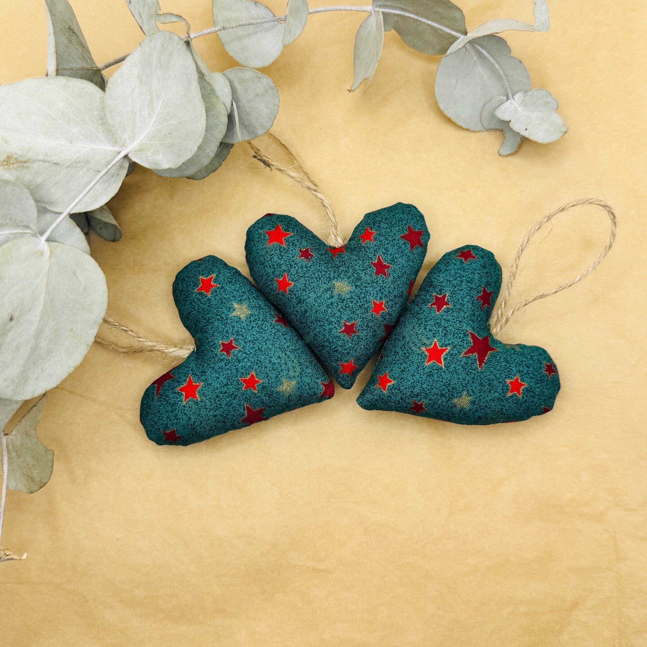 Handmade Green and Red Star Christmas Hearts