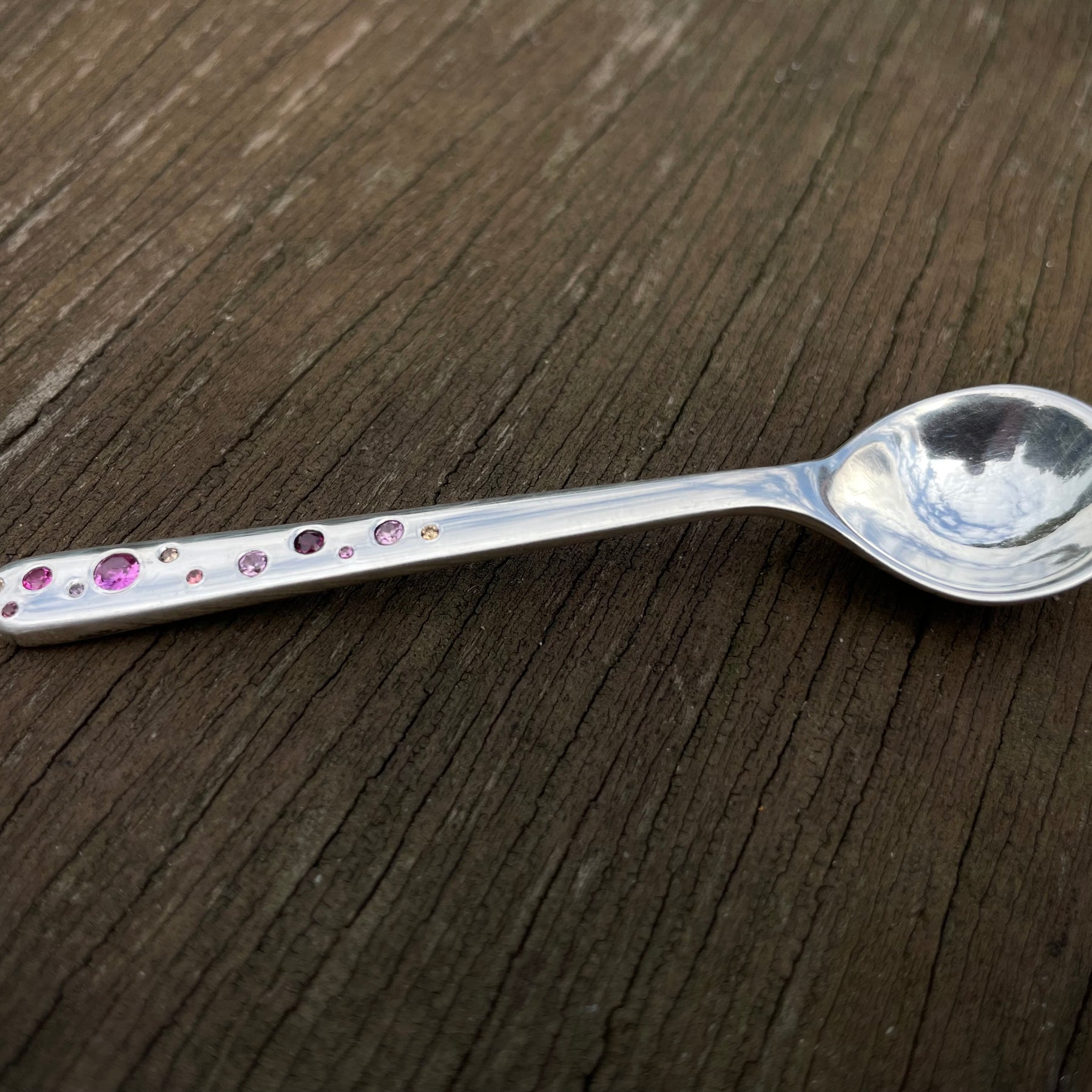 Sterling silver salt spoon with 12 lab sapphires