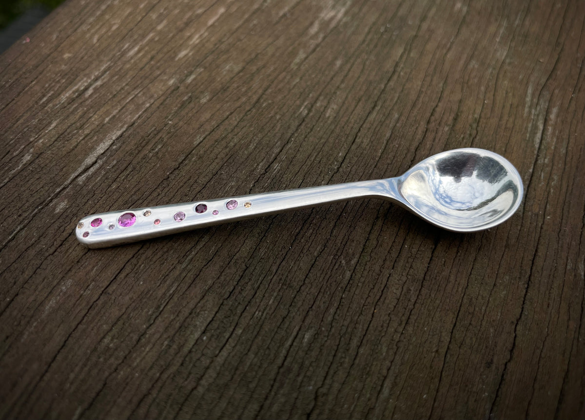 Sterling silver salt spoon with 12 lab sapphires