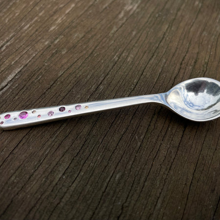 Sterling silver salt spoon with 12 lab sapphires