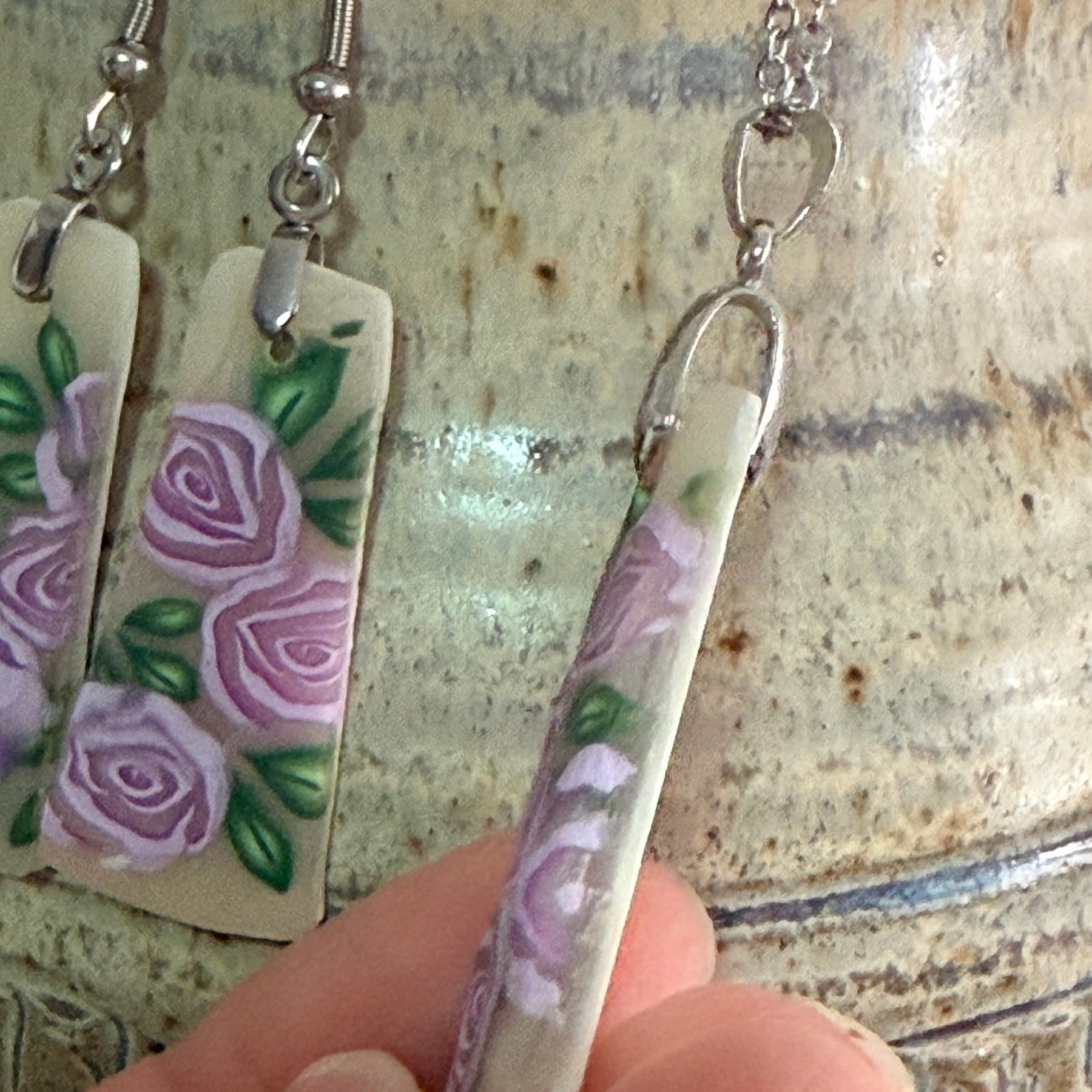 Handmade Polymer Clay Lavender Rose Jewellery Set – Earrings & Necklace