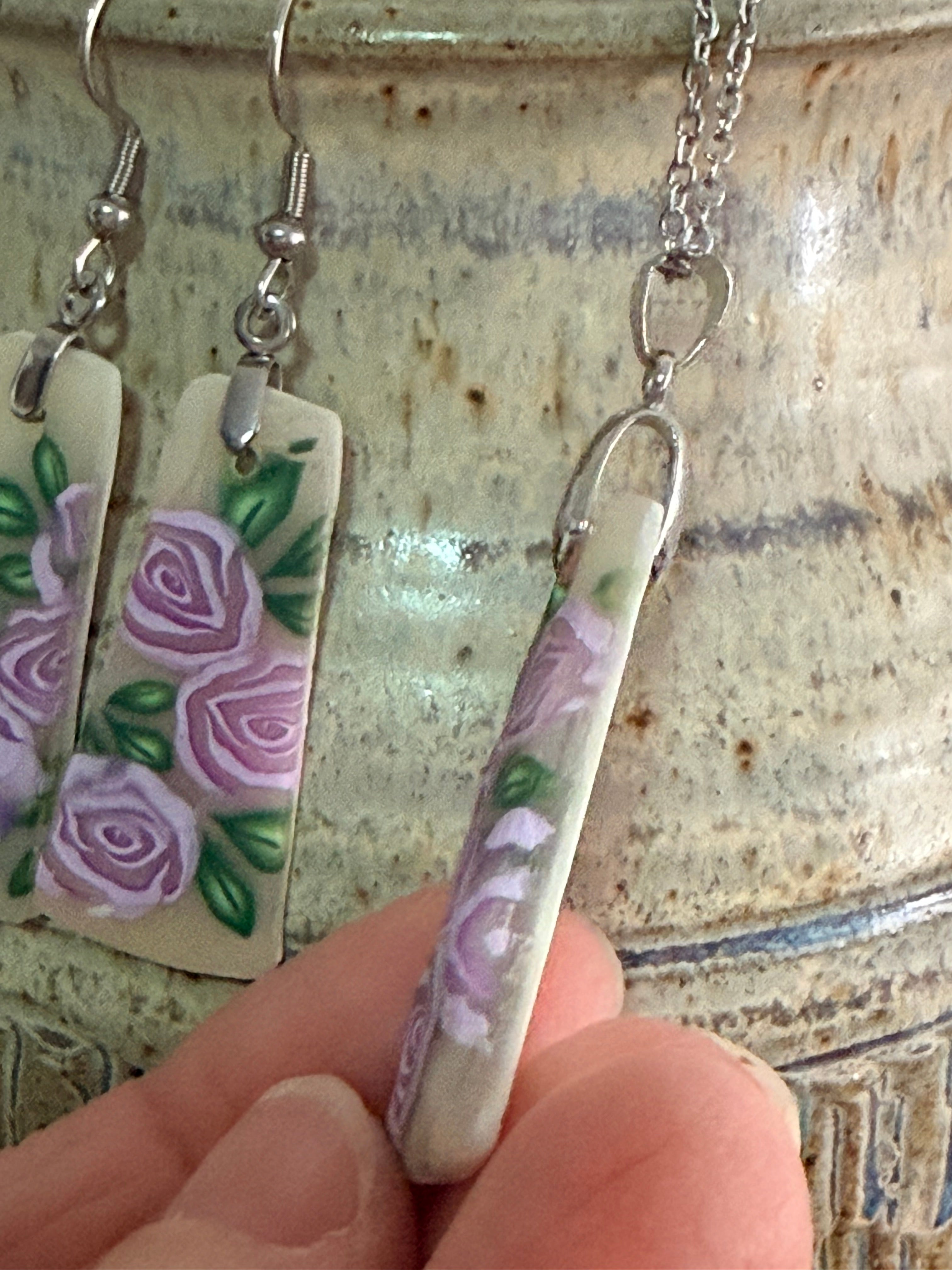 Handmade Polymer Clay Lavender Rose Jewellery Set – Earrings & Necklace