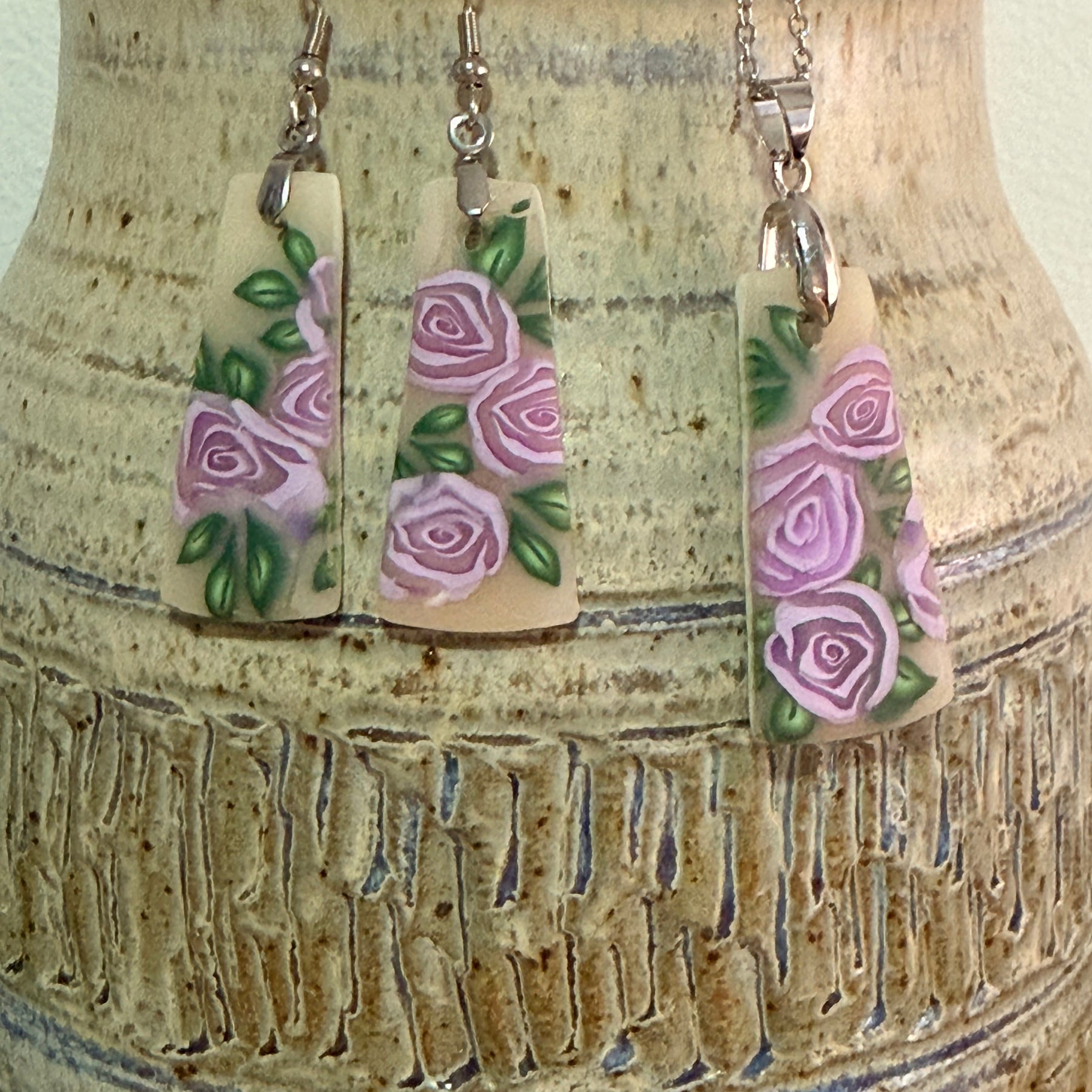 Handmade Polymer Clay Lavender Rose Jewellery Set – Earrings & Necklace