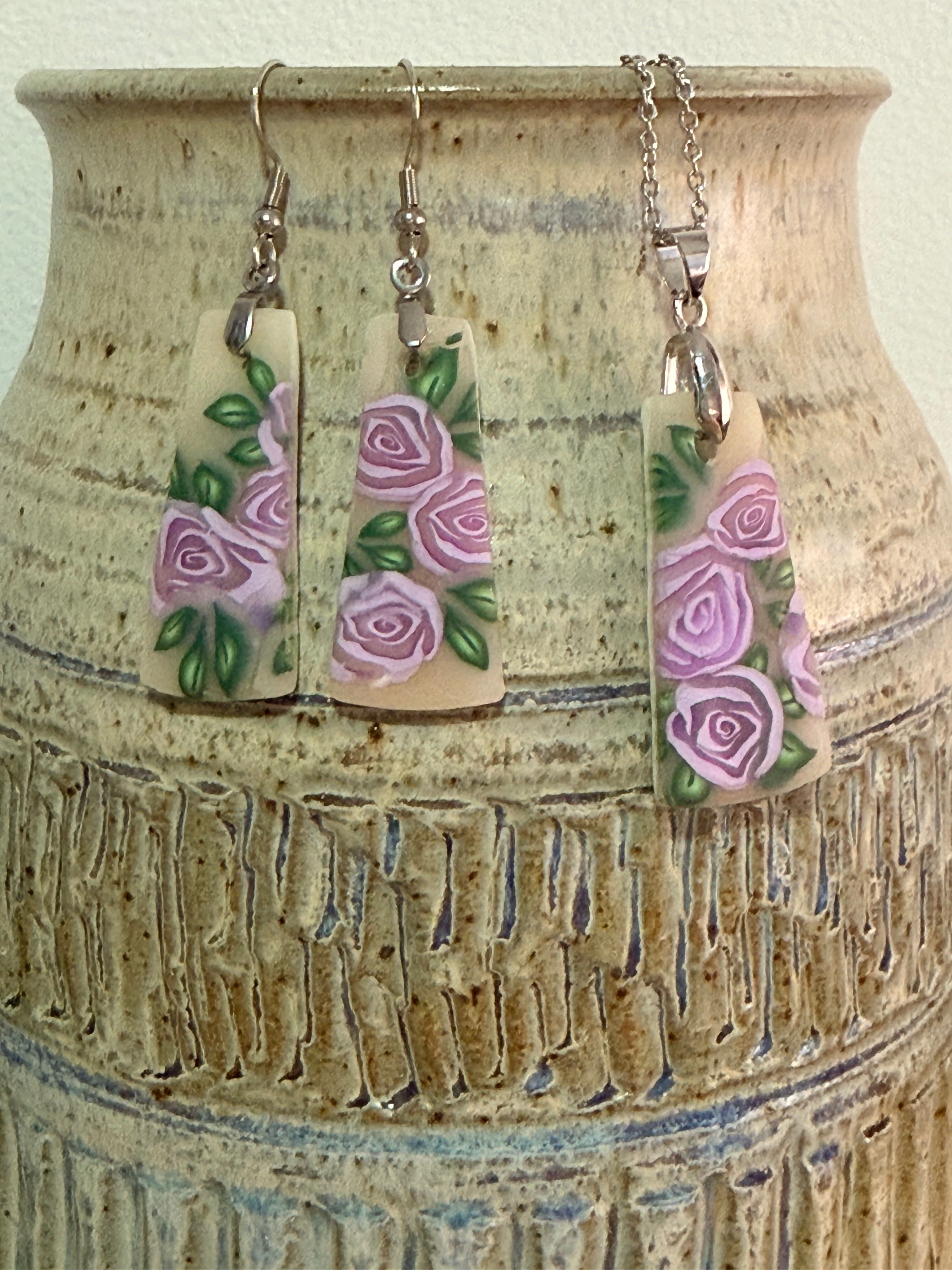 Handmade Polymer Clay Lavender Rose Jewellery Set – Earrings & Necklace