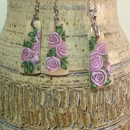 Handmade Polymer Clay Lavender Rose Jewellery Set – Earrings & Necklace
