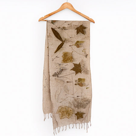 Eco-Print Pure Linen Scarf – Botanical Earth Tones