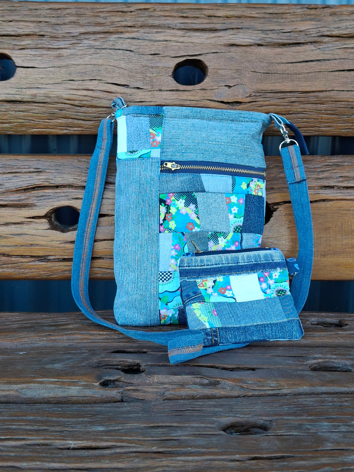 SALE - Blue, Floral & Denim Cross Body Bag w matching pouch