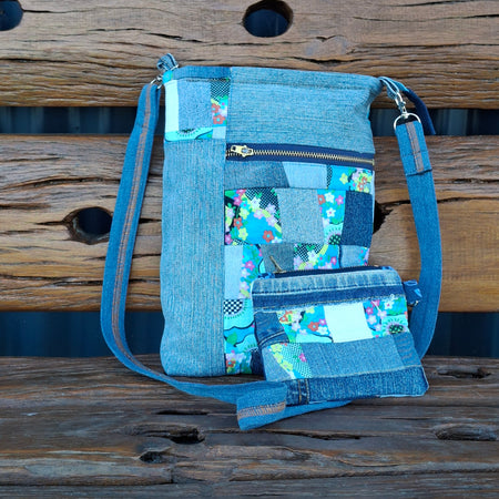 SALE - Blue, Floral & Denim Cross Body Bag w matching pouch