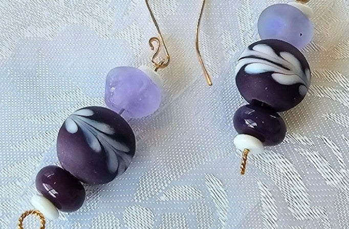 Purple And White Lampwork Handmade Drop Earrings FREE POST