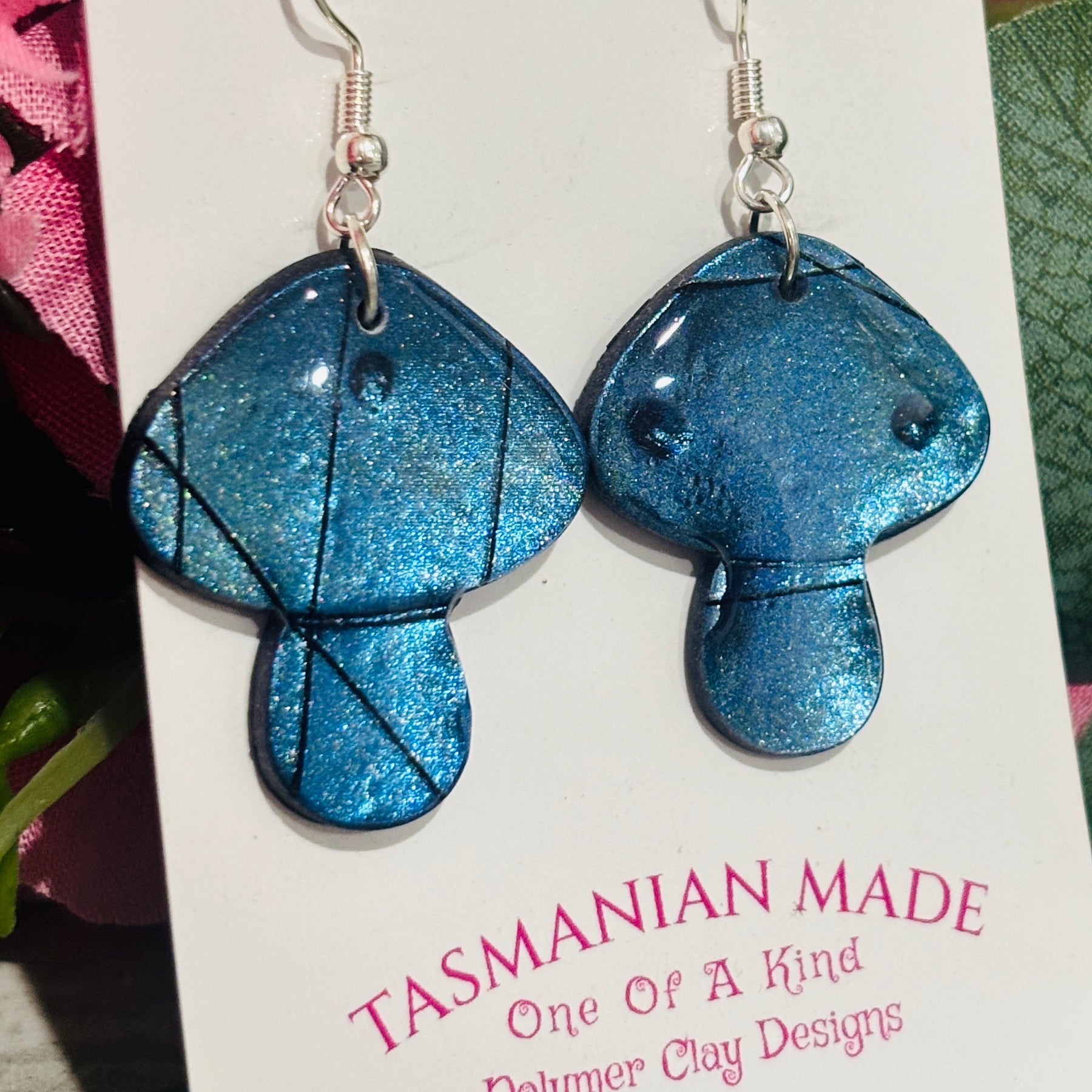 Mushroom Earrings | Blue Shimmer Polymer Clay Dangle Earrings
