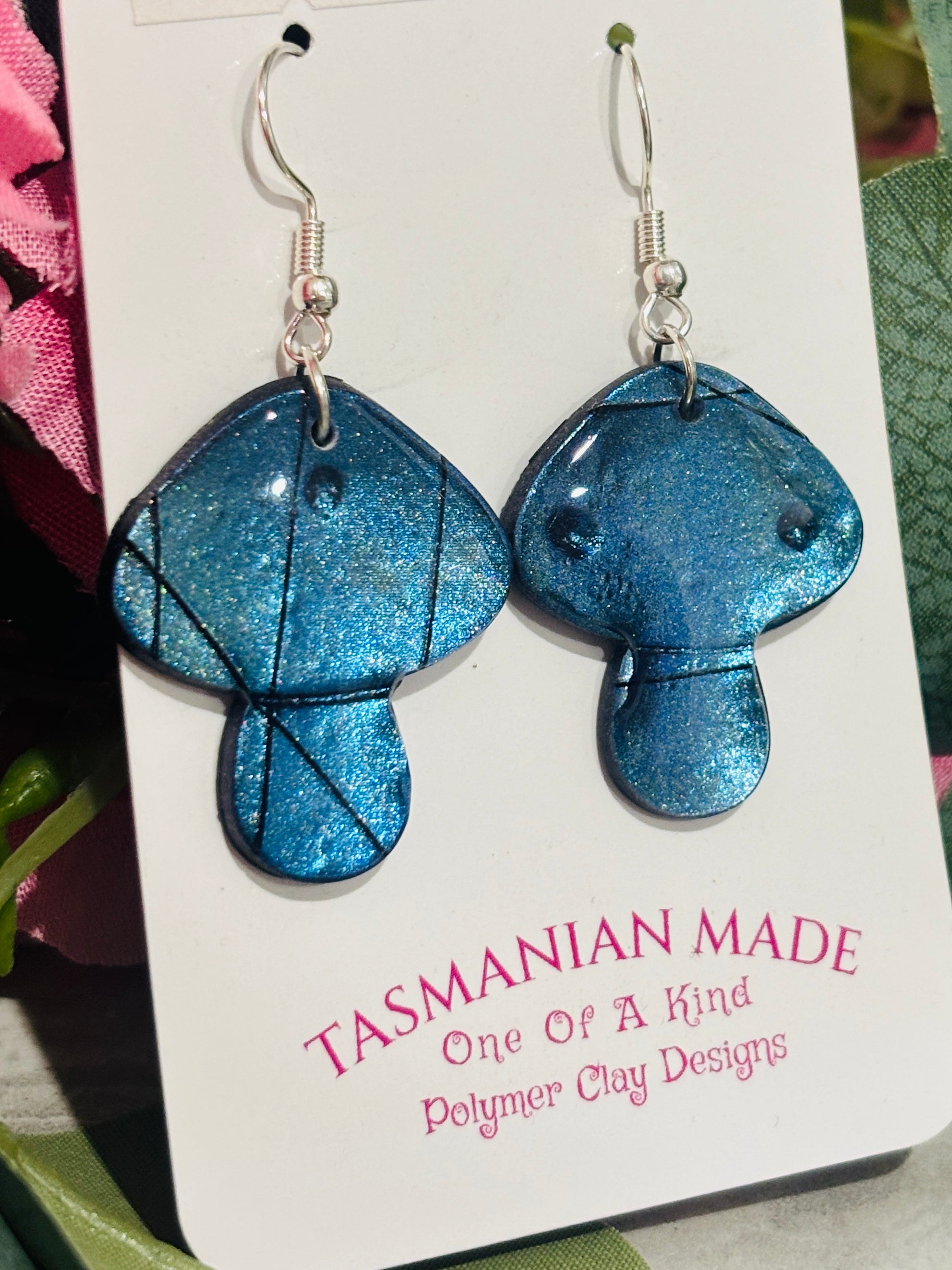 Mushroom Earrings | Blue Shimmer Polymer Clay Dangle Earrings