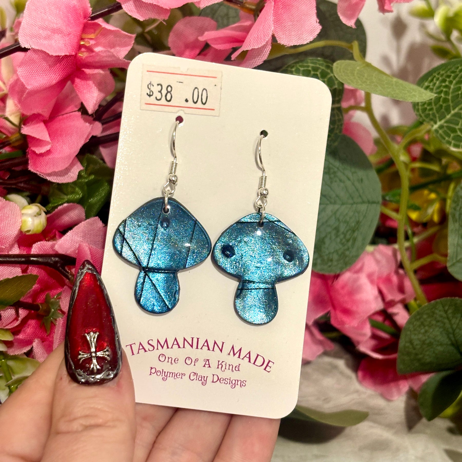 Mushroom Earrings | Blue Shimmer Polymer Clay Dangle Earrings
