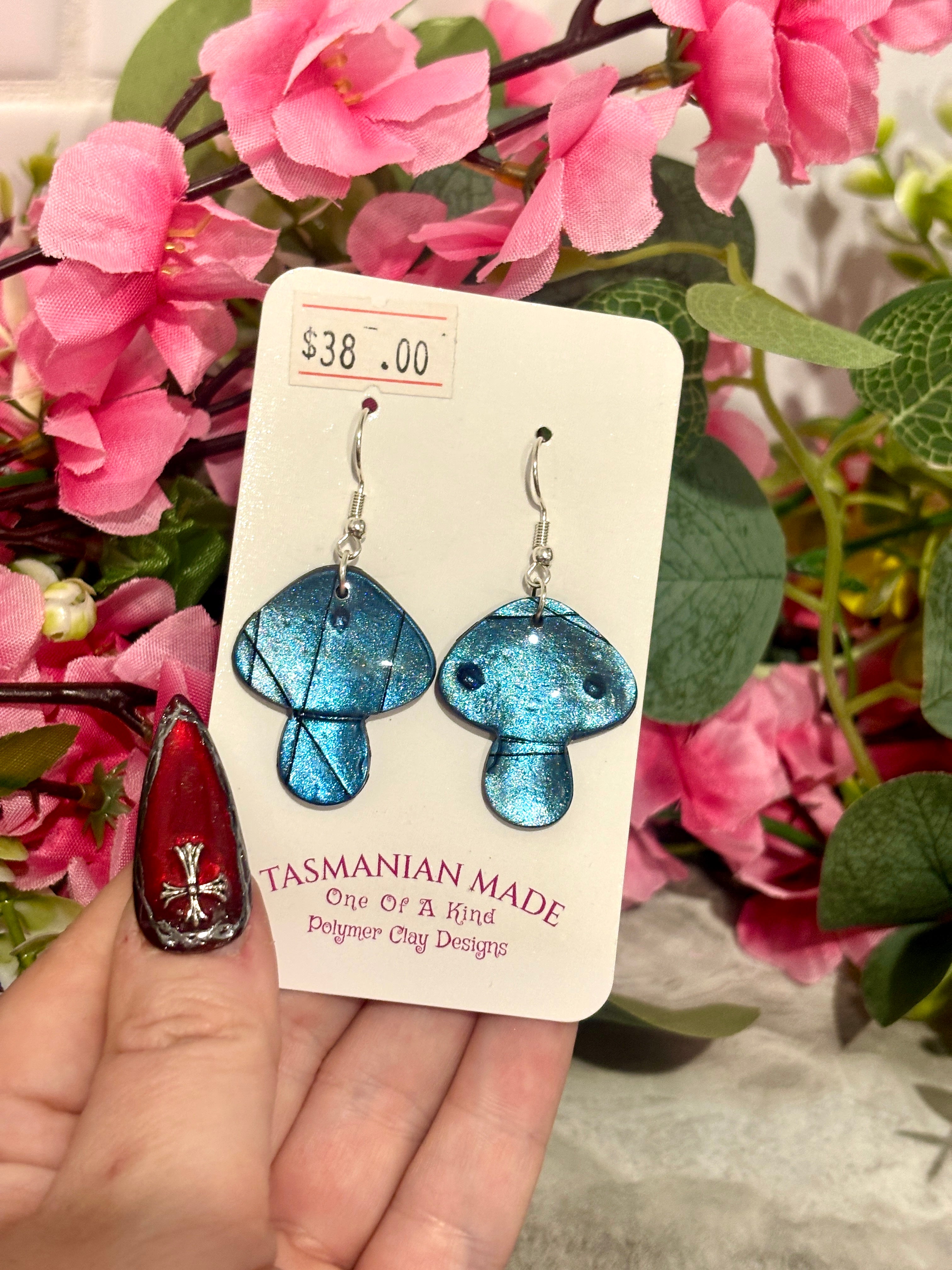 Mushroom Earrings | Blue Shimmer Polymer Clay Dangle Earrings