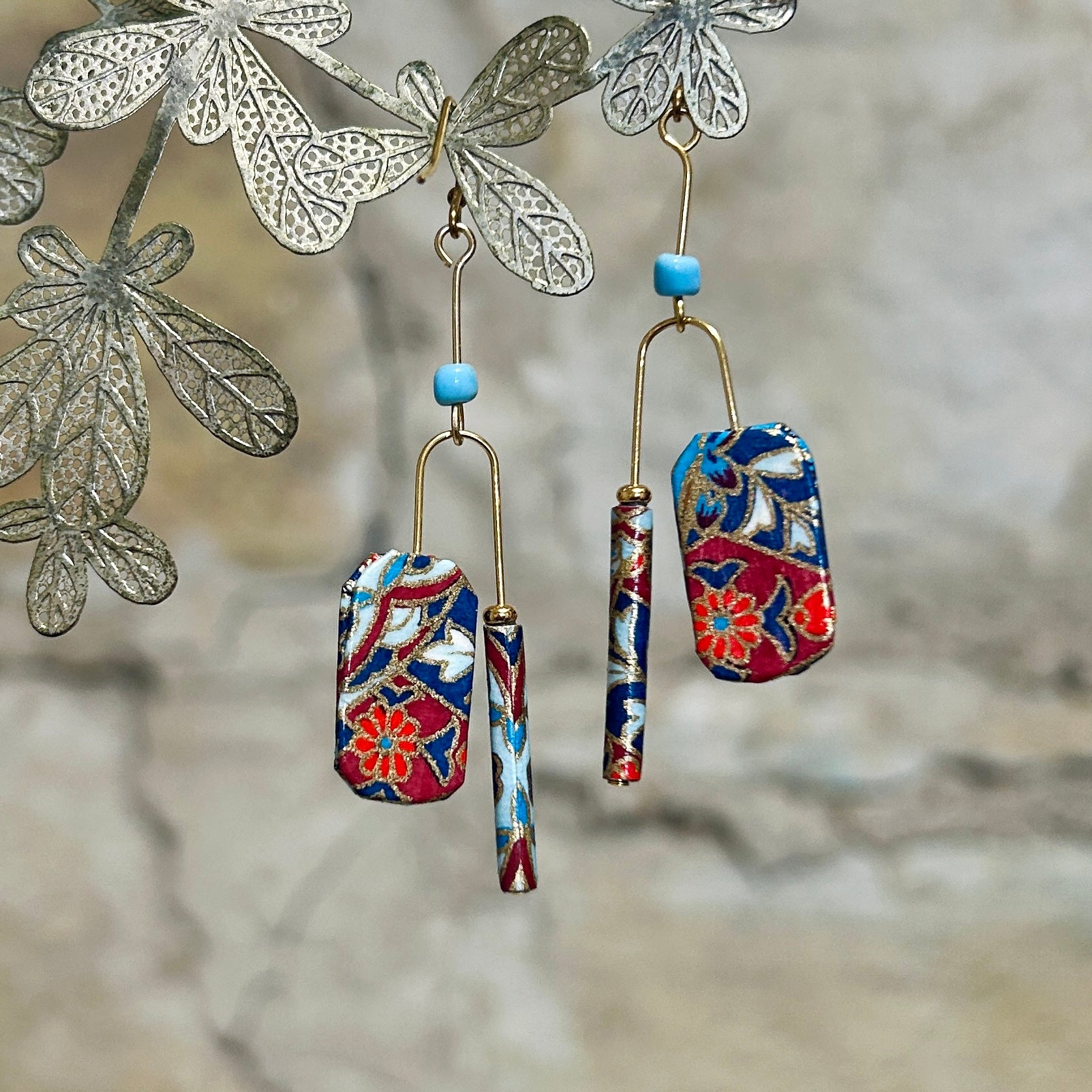 Earrings Floral Blue Red Gold Lightweight - EB-122