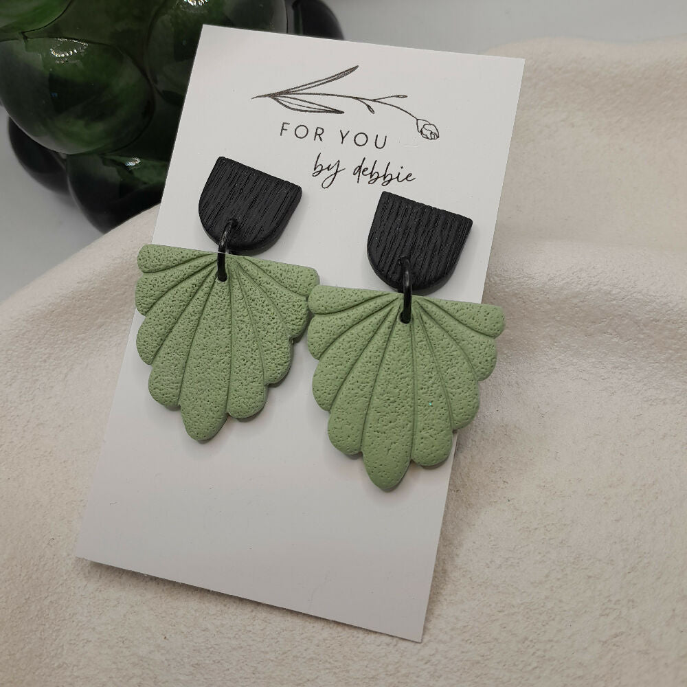 Black and olive green fan polymer clay earrings- hypoallergenic
