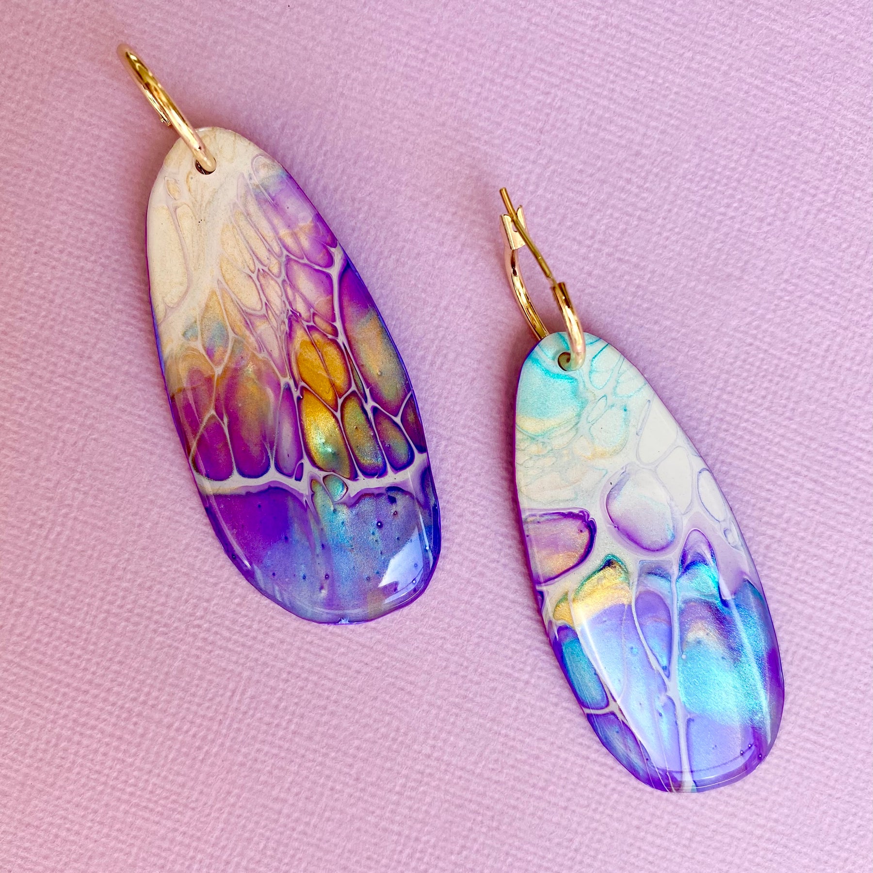 Art Earrings Purple Turquoise Gold Dangle