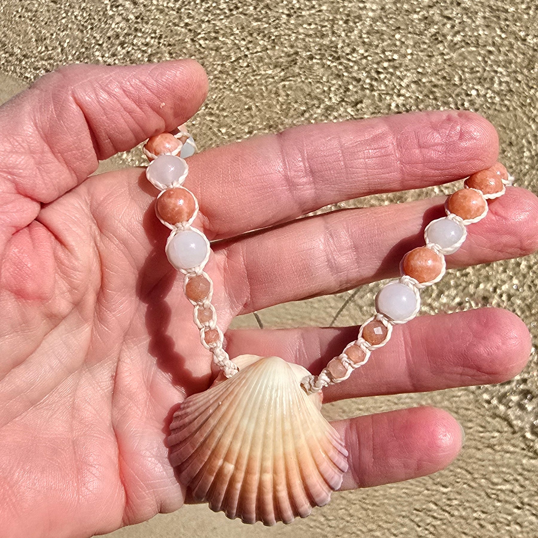 Scallop Shell Necklace with Peach Calcite, Rose Quartz, Sunstone