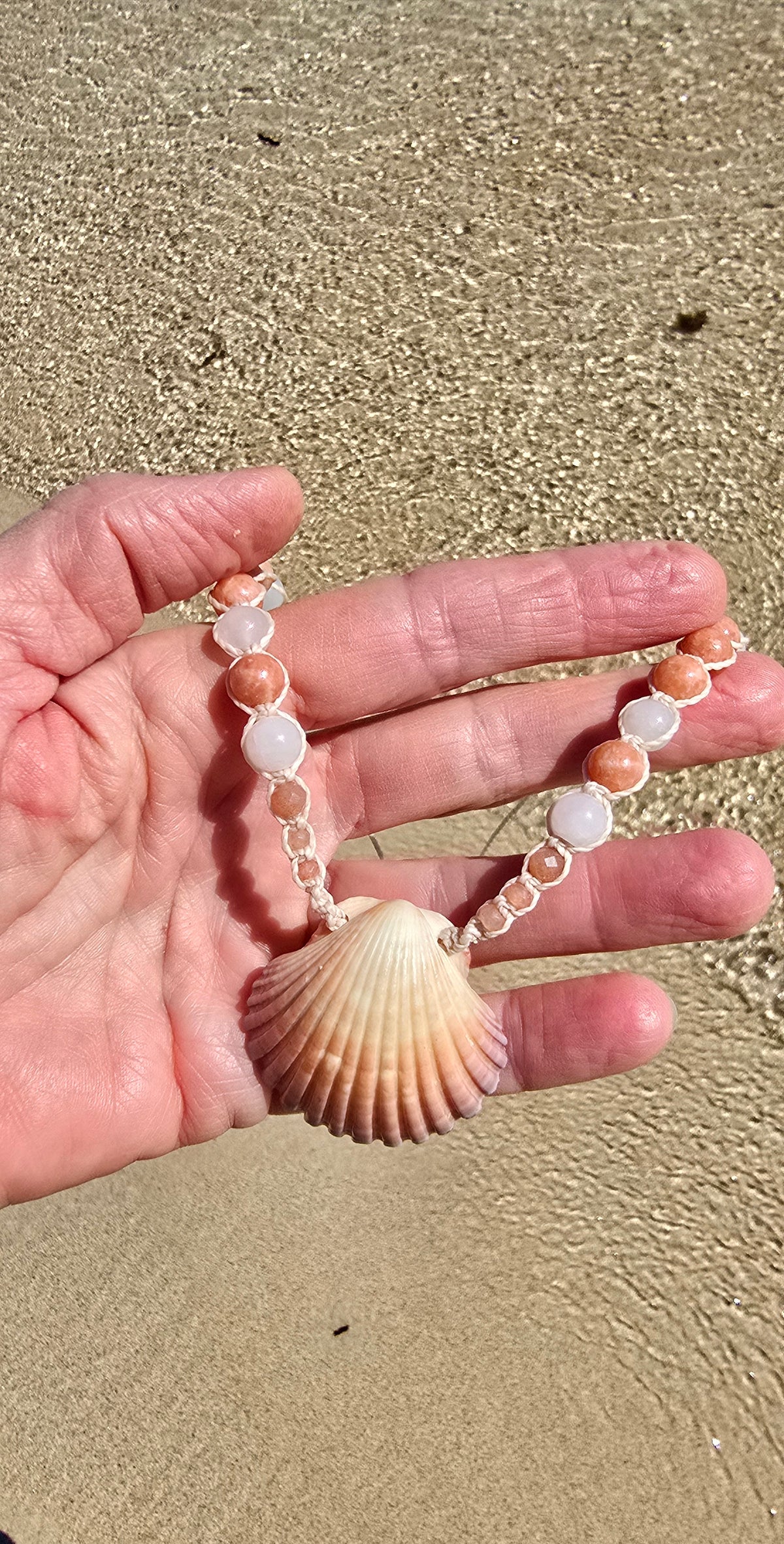 Scallop Shell Necklace with Peach Calcite, Rose Quartz, Sunstone