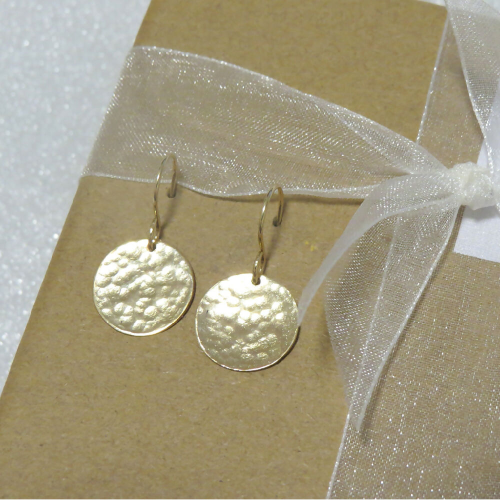 14K Gold-Fill Textured Round Disc On Trend Dangle Earrings