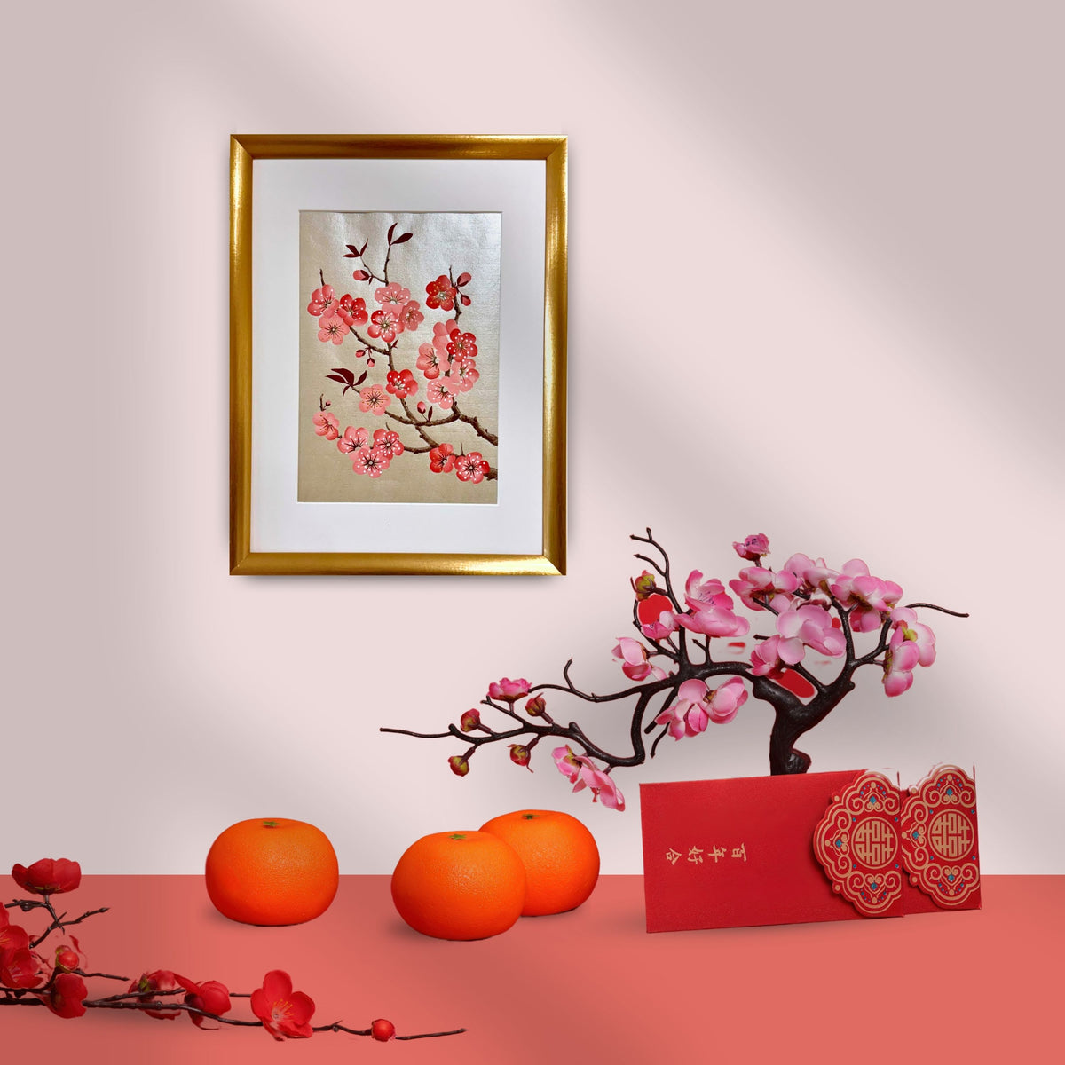 Original Plum Blossom Painting | Chinoiserie Floral Art on Champagne Gold Xuan Paper | Gouache Artwork | Lunar New Year | Gift